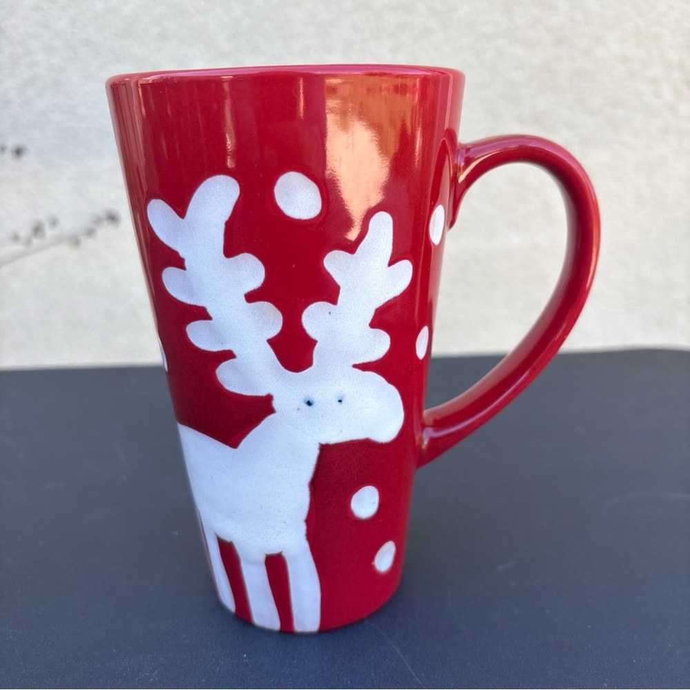 Pier 1 Handpainted Tall Reindeer Mug Red/White Holiday Hot Cocoa 16 Oz